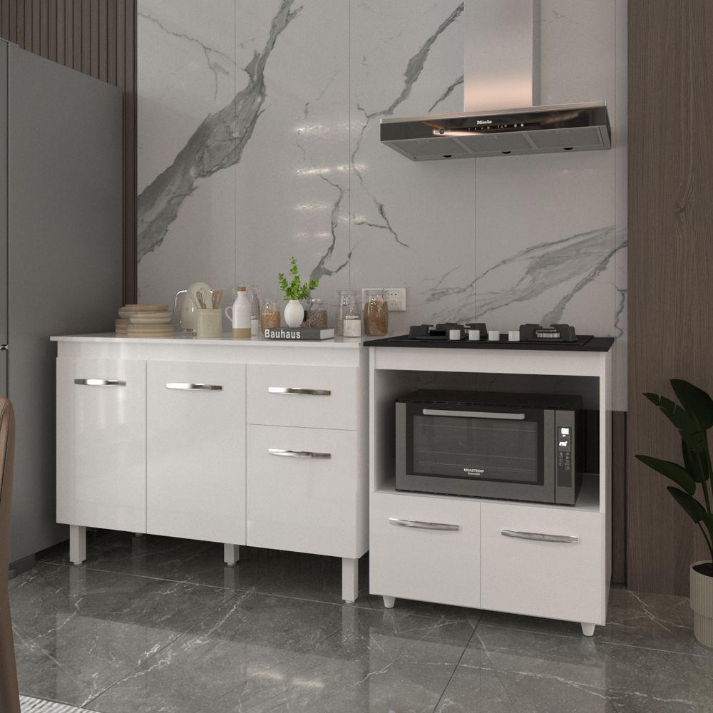 Balcão Armário Gabinete Aline 118 Cm Com Tampo Tampão E Balcão Evelyn Para Cooktop 4 Bocas Branco - 2