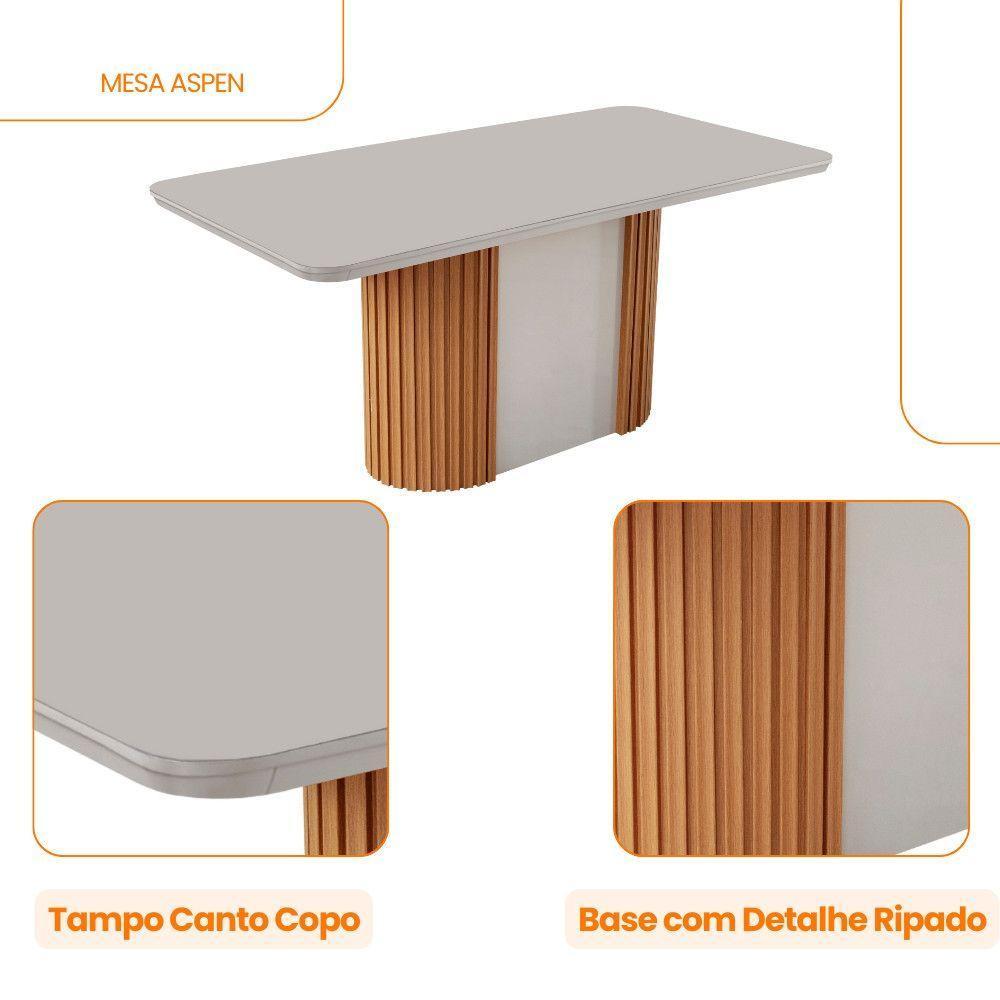 Mesa De Jantar Aspen 180cm Tampo Mdf E Vidro Canto Copo Naturalle /off White /serig. Off - 2