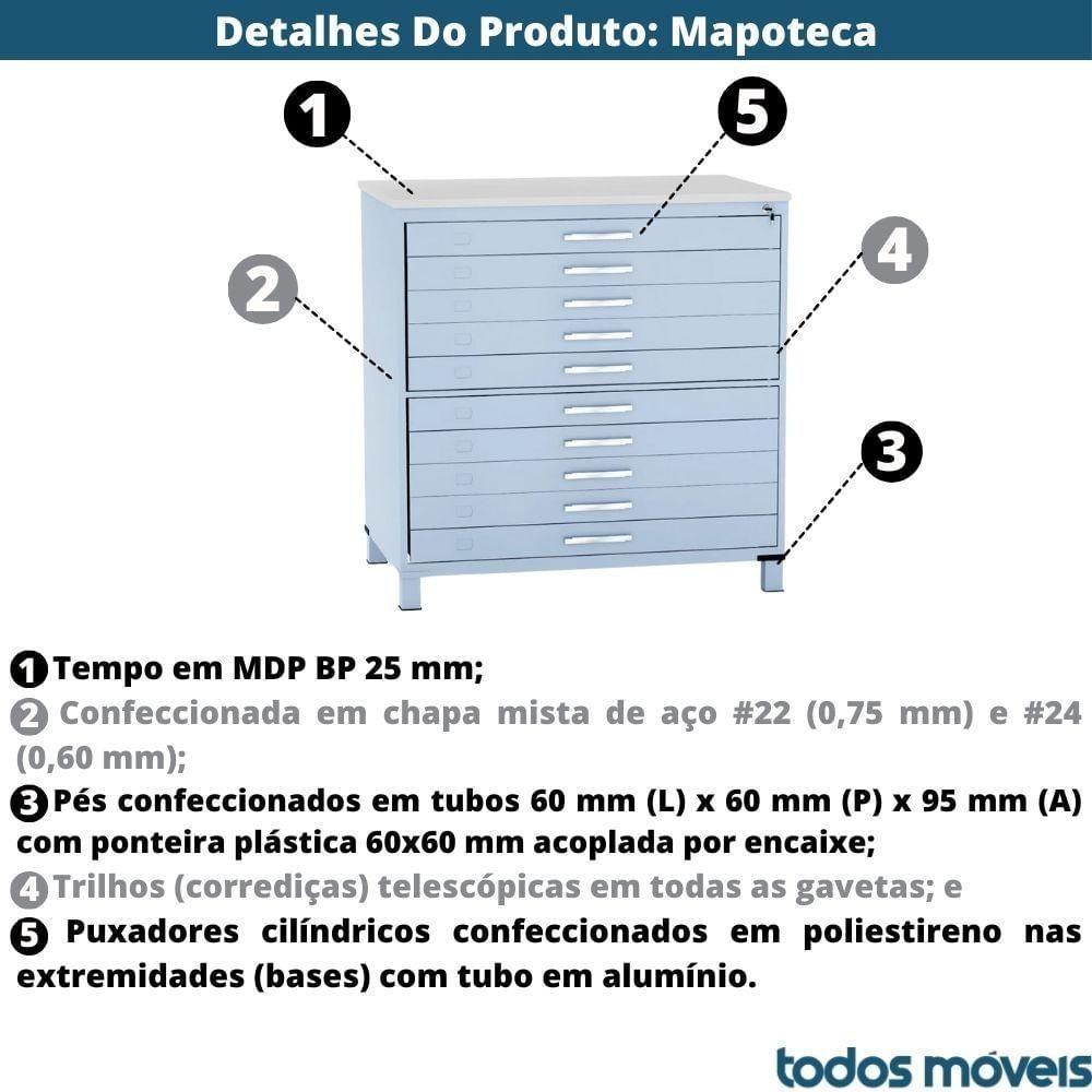 Mapoteca 10 Gavetas Pandin 120cm (larg) Inmetro Tampo Mdp Cinza Estrutura Aço Cinza Gaveta Azul Dali - 3