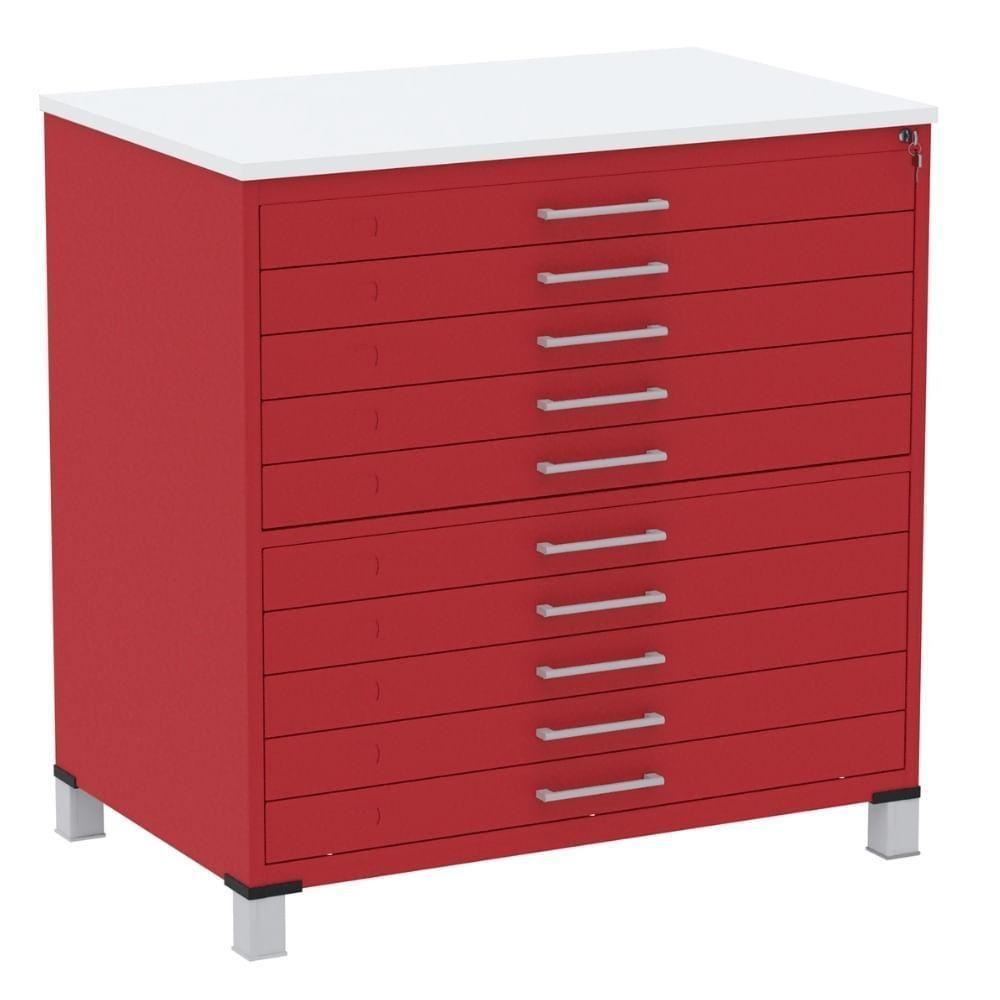 Mapoteca 10 Gavetas Pandin 120 Cm (larg) Inmetro Tampo Mdp Branco Estrutura E Gaveta Em Aço Vermelho - 1