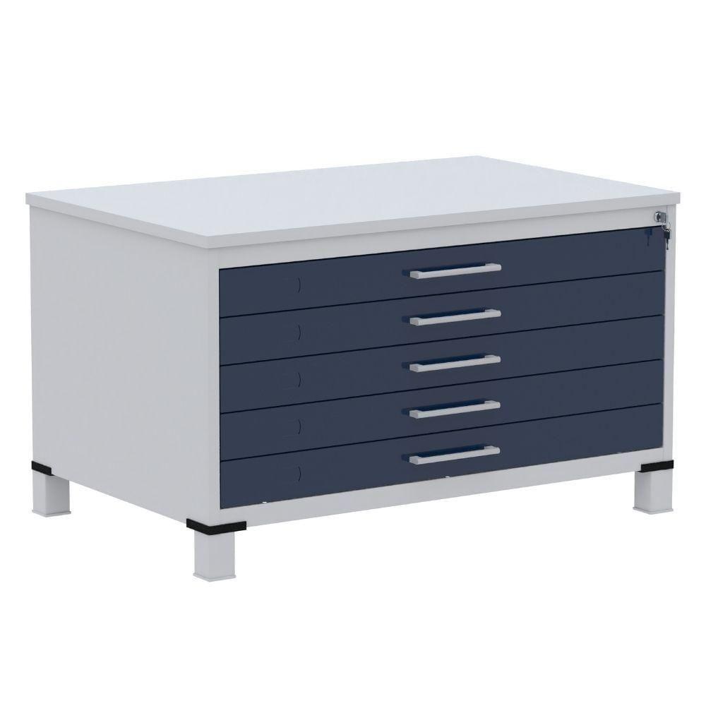 Mapoteca 5 Gavetas Pandin 120 Cm (larg) Inmetro Tampo Mdp Cinza Estrutura Aço Cinza Gavetas Azul - 1