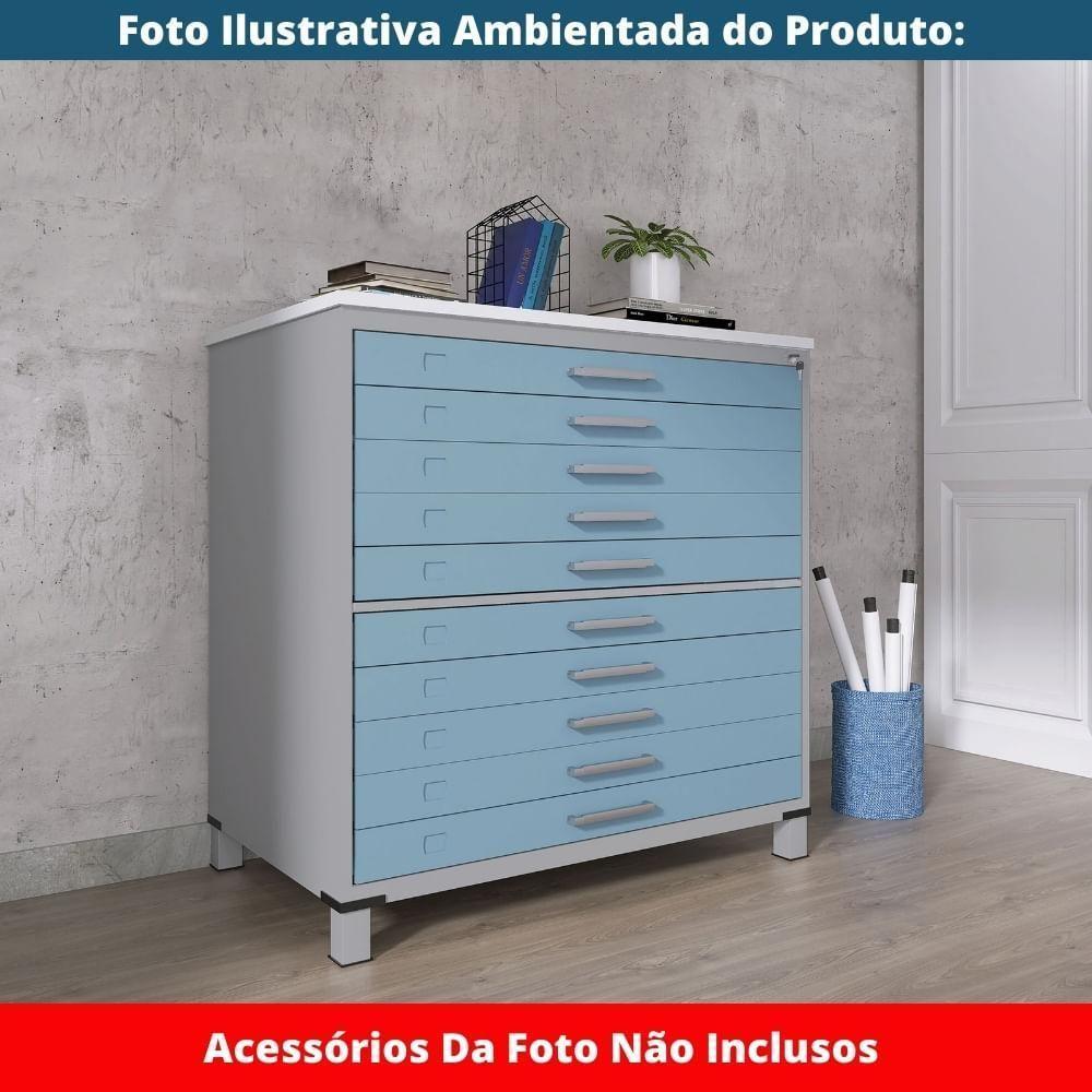 Mapoteca 10 Gavetas Pandin 120cm (larg) Tampo Mdp Branco Estrutura Aço Cinza Gaveta Azul Dali - 9