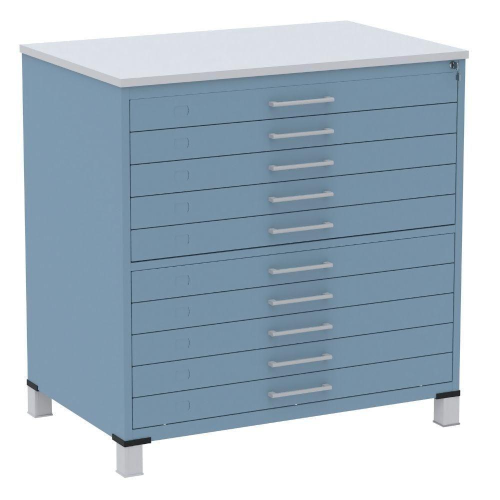 Mapoteca 10 Gavetas Pandin 120cm (larg) Inmetro Tampo Mdp Cinza Estrutura E Gavetas Em Aço Azul Dali - 1