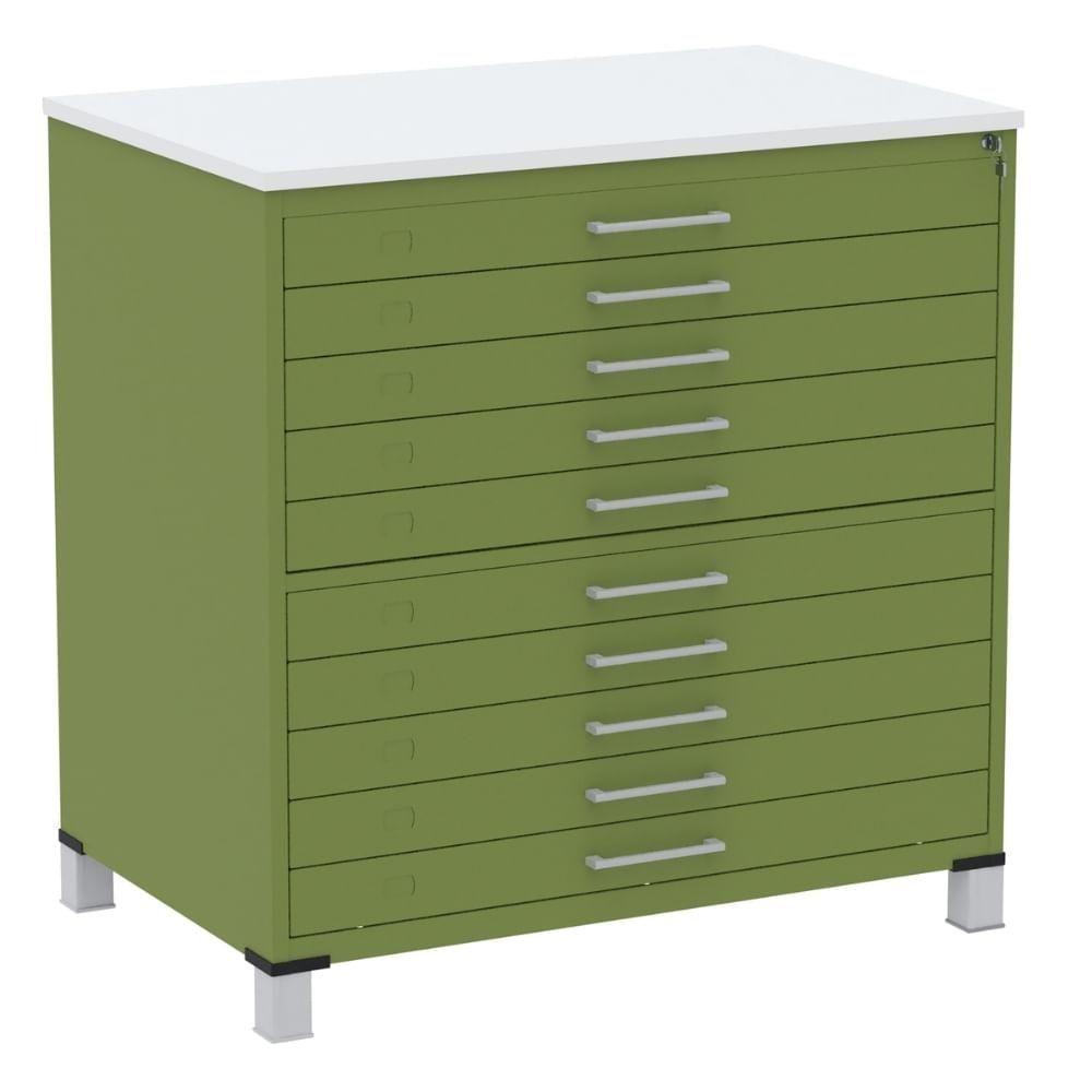 Mapoteca 10 Gavetas Pandin 120 Cm (larg) Inmetro Tampo Mdp Branco Estrutura E Gavetas Em Aço Verde - 1
