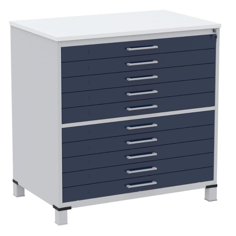Mapoteca 10 Gavetas Pandin 120 Cm (larg) Inmetro Tampo Mdp Branco Estrutura Aço Cinza Gavetas Azul - 1