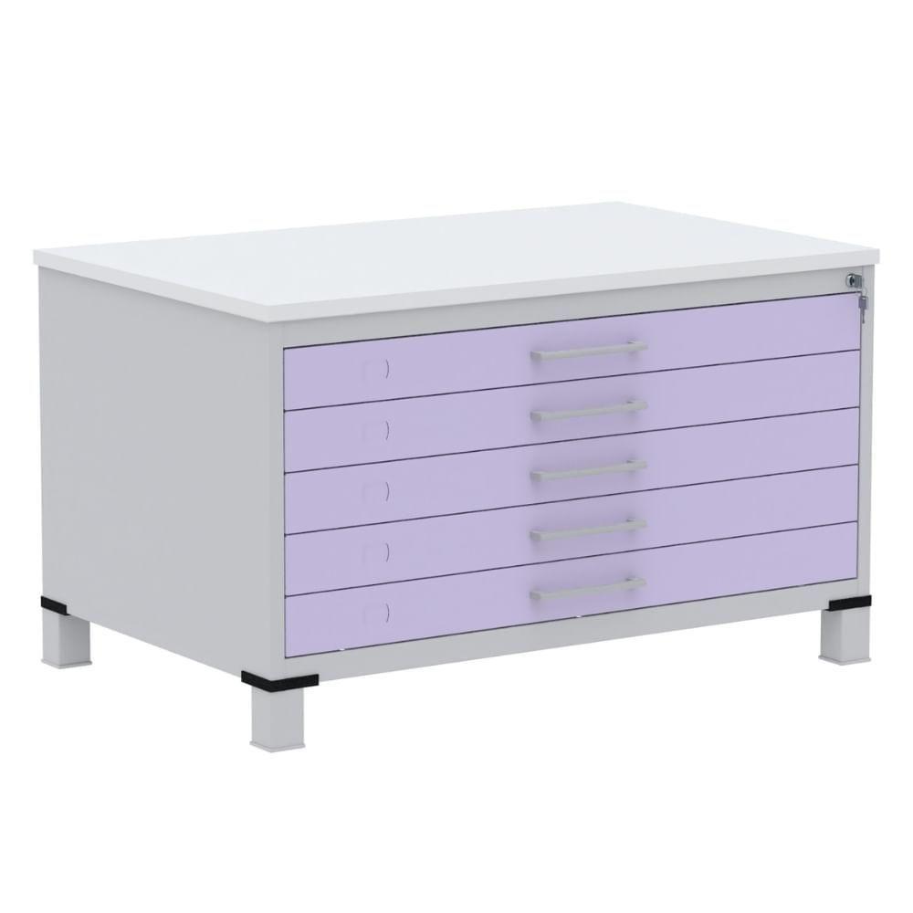 Mapoteca 5 Gavetas Pandin 120 Cm (larg) Inmetro Tampo Mdp Branco Estrutura Aço Cinza Gavetas Lilás - 1