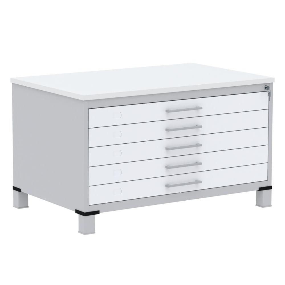 Mapoteca 5 Gavetas Pandin 120cm (larg) Inmetro Tampo Mdp Branco Estrutura Aço Cinza Gavetas Brancas - 1