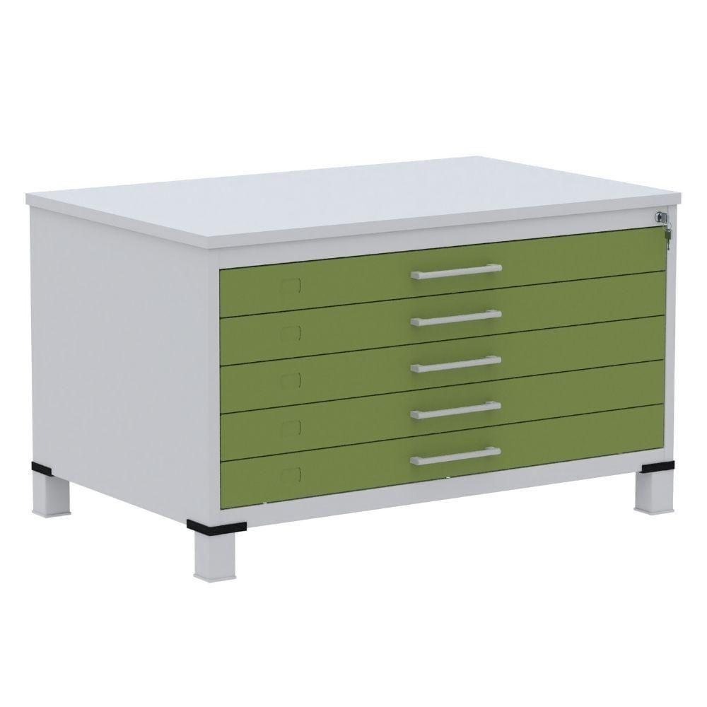 Mapoteca 5 Gavetas Pandin 120 Cm (larg) Inmetro Tampo Mdp Cinza Estrutura Aço Cinza Gavetas Verdes - 1