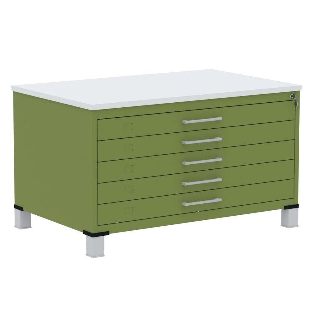 Mapoteca 5 Gavetas Pandin 120 Cm (larg) Inmetro Tampo Mdp Branco Estrutura E Gavetas Em Aço Verde - 1