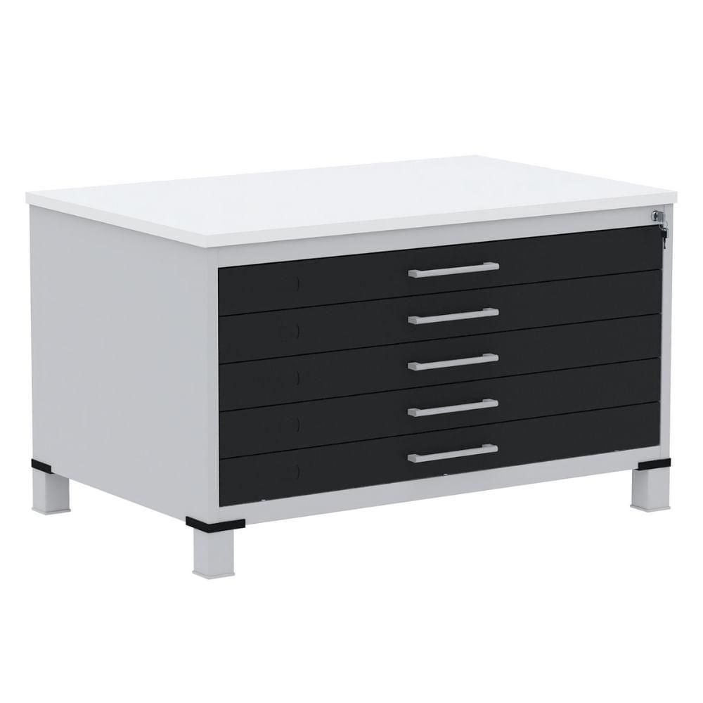 Mapoteca 5 Gavetas Pandin 120 Cm (larg) Inmetro Tampo Mdp Branco Estrutura Aço Cinza Gavetas Pretas - 1
