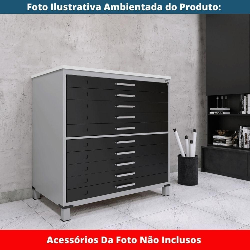 Mapoteca 10 Gavetas Pandin 120 Cm (larg) Inmetro Tampo Mdp Branco Estrutura Aço Cinza Gavetas Pretas - 6