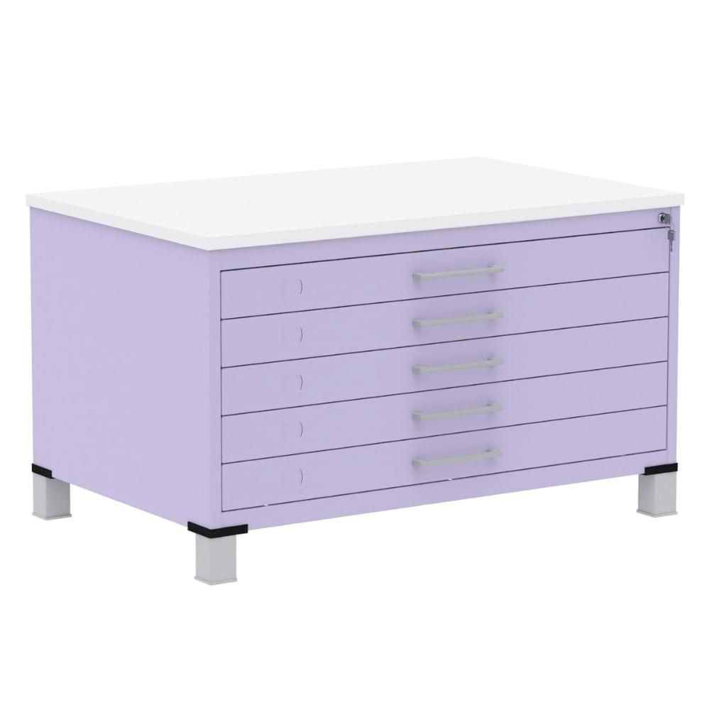 Mapoteca 5 Gavetas Pandin 120 Cm (larg) Inmetro Tampo Mdp Branco Estrutura E Gavetas Em Aço Lilás - 1