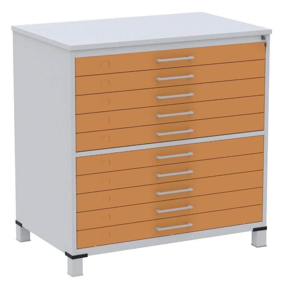 Mapoteca 10 Gavetas Pandin 120 Cm (larg) Inmetro Tampo Mdp Cinza Estrutura Aço Cinza Gavetas Laranja - 1