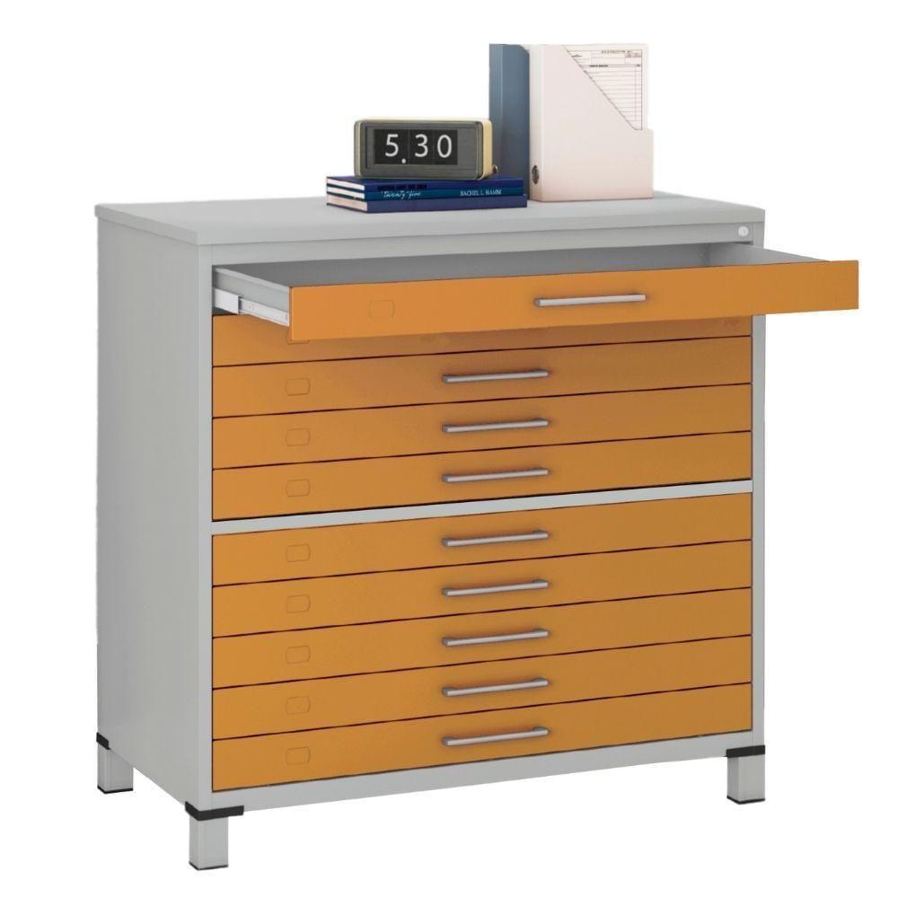 Mapoteca 10 Gavetas Pandin 120 Cm (larg) Inmetro Tampo Mdp Cinza Estrutura Aço Cinza Gavetas Laranja - 3