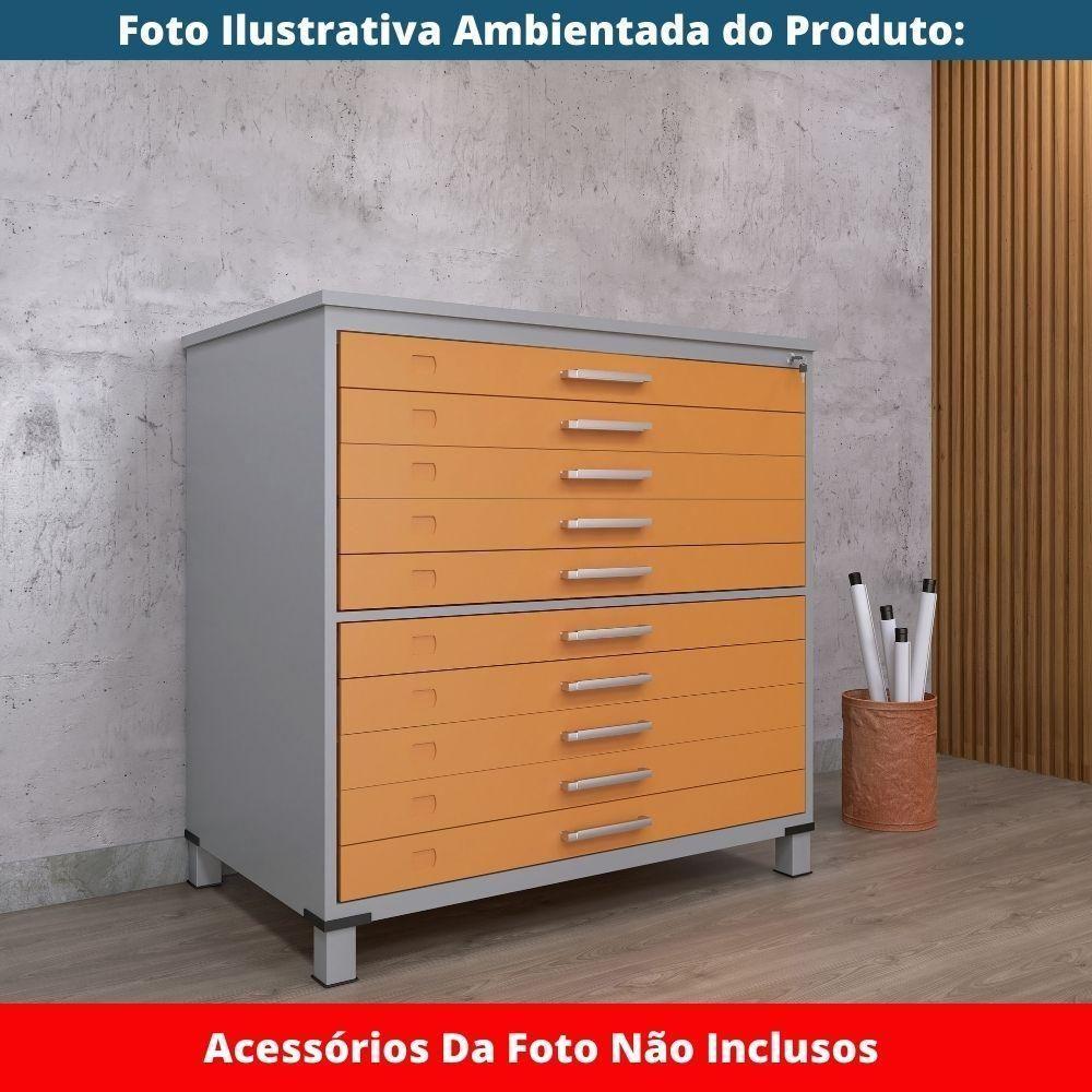 Mapoteca 10 Gavetas Pandin 120 Cm (larg) Inmetro Tampo Mdp Cinza Estrutura Aço Cinza Gavetas Laranja - 7