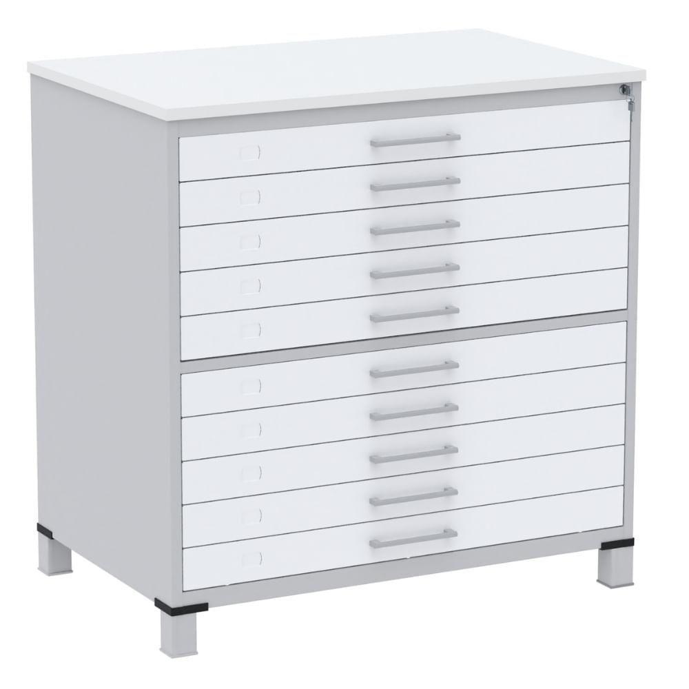 Mapoteca 10 Gavetas Pandin 120cm (larg) Inmetro Tampo Mdp Branco Estrutura Aço Cinza Gavetas Brancas - 1