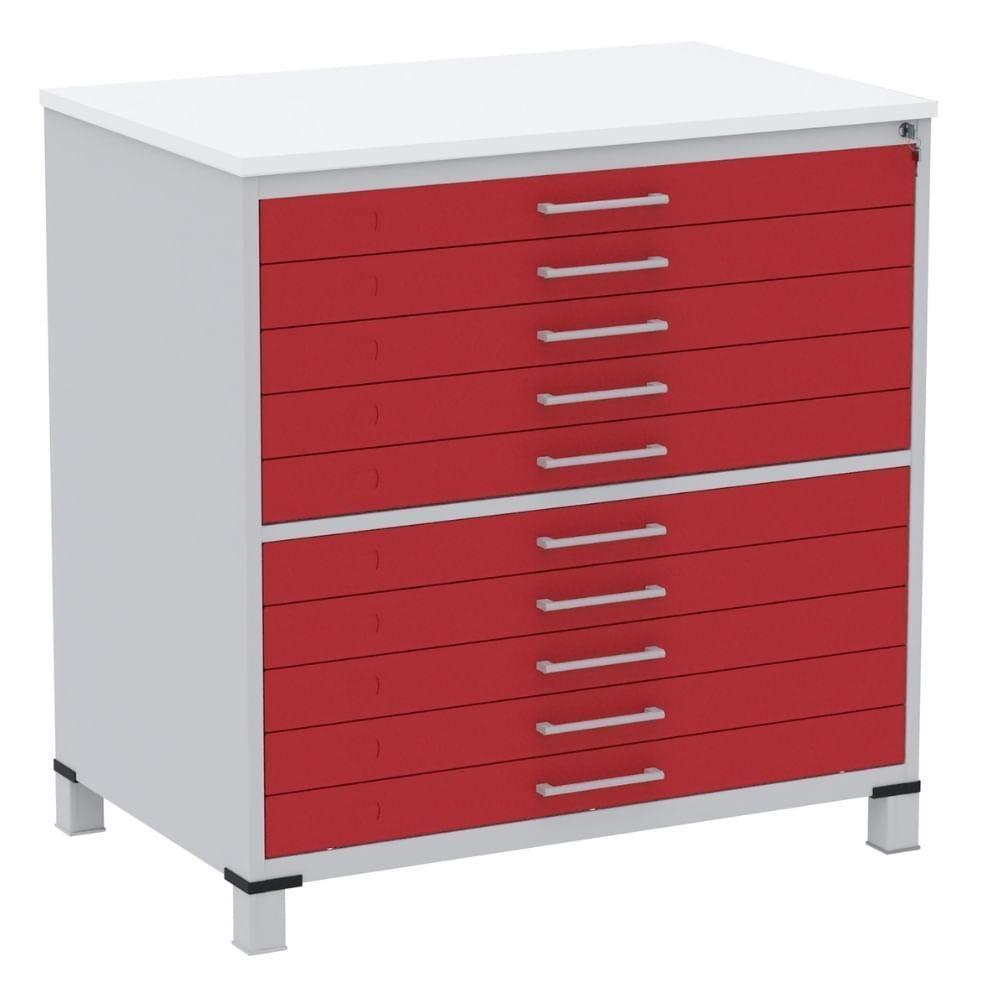 Mapoteca 10 Gavetas Pandin 120cm (larg) Inmetro Tampo Mdp Branco Estrutura Aço Cinza Gaveta Vermelha - 1