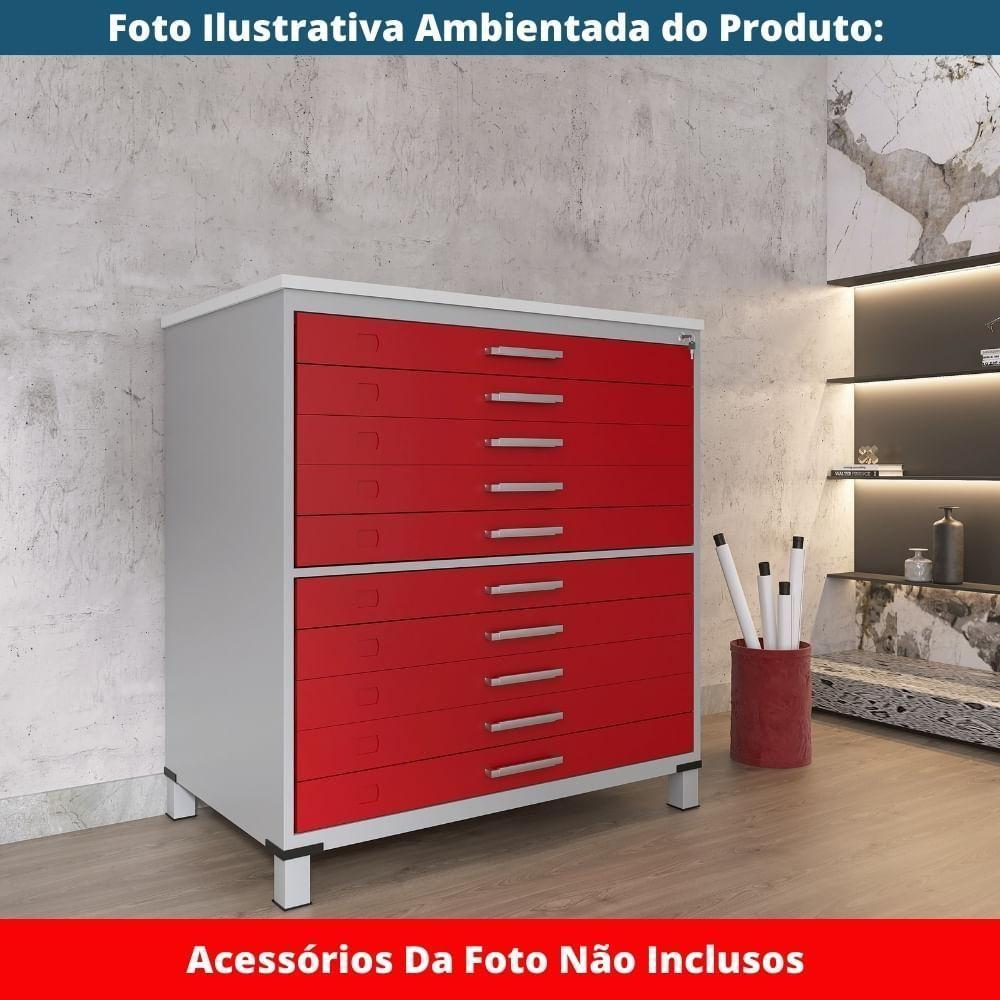 Mapoteca 10 Gavetas Pandin 120cm (larg) Inmetro Tampo Mdp Branco Estrutura Aço Cinza Gaveta Vermelha - 6