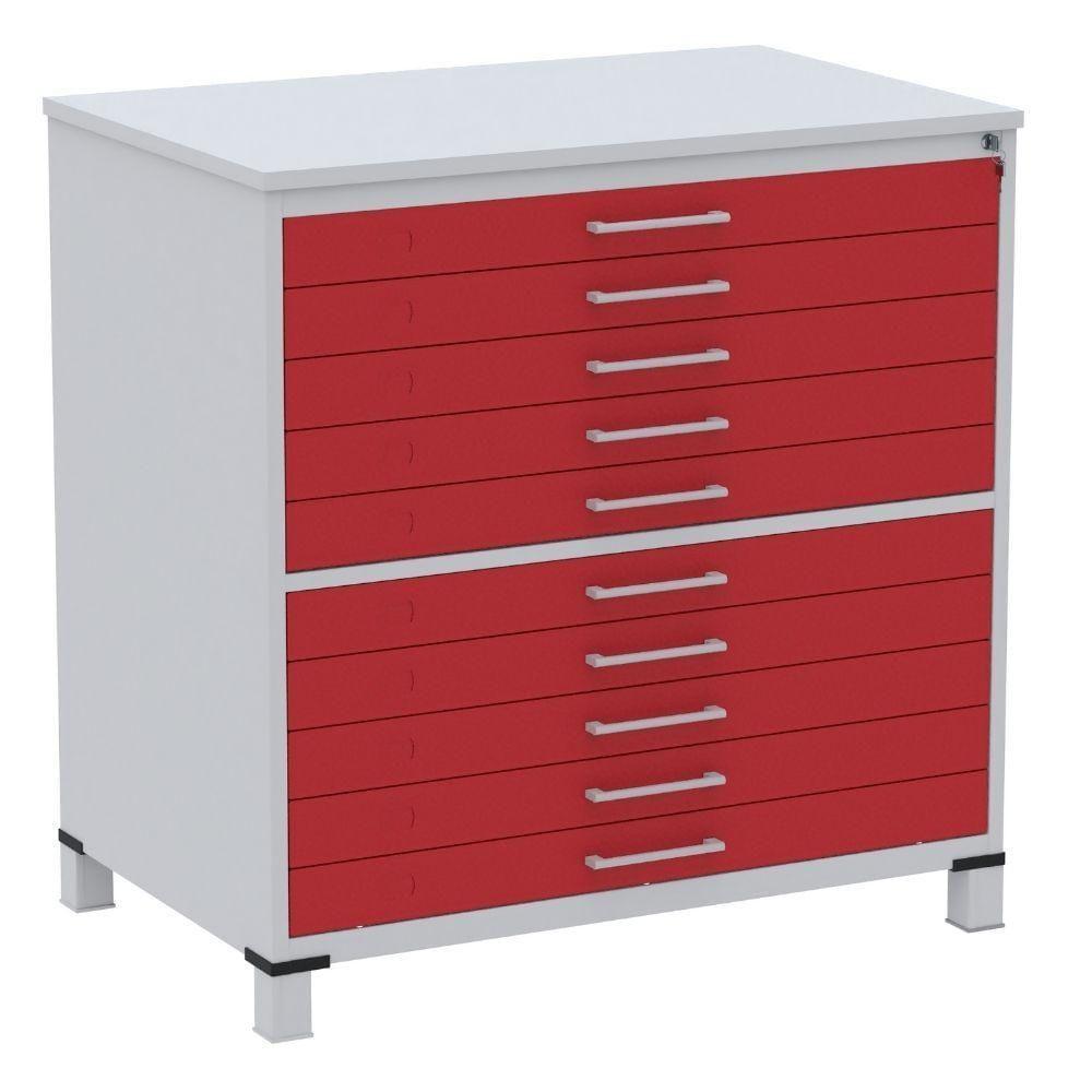 Mapoteca 10 Gavetas Pandin 120 Cm (larg) Inmetro Tampo Mdp Cinza Estrutura Aço Cinza Gaveta Vermelha - 1