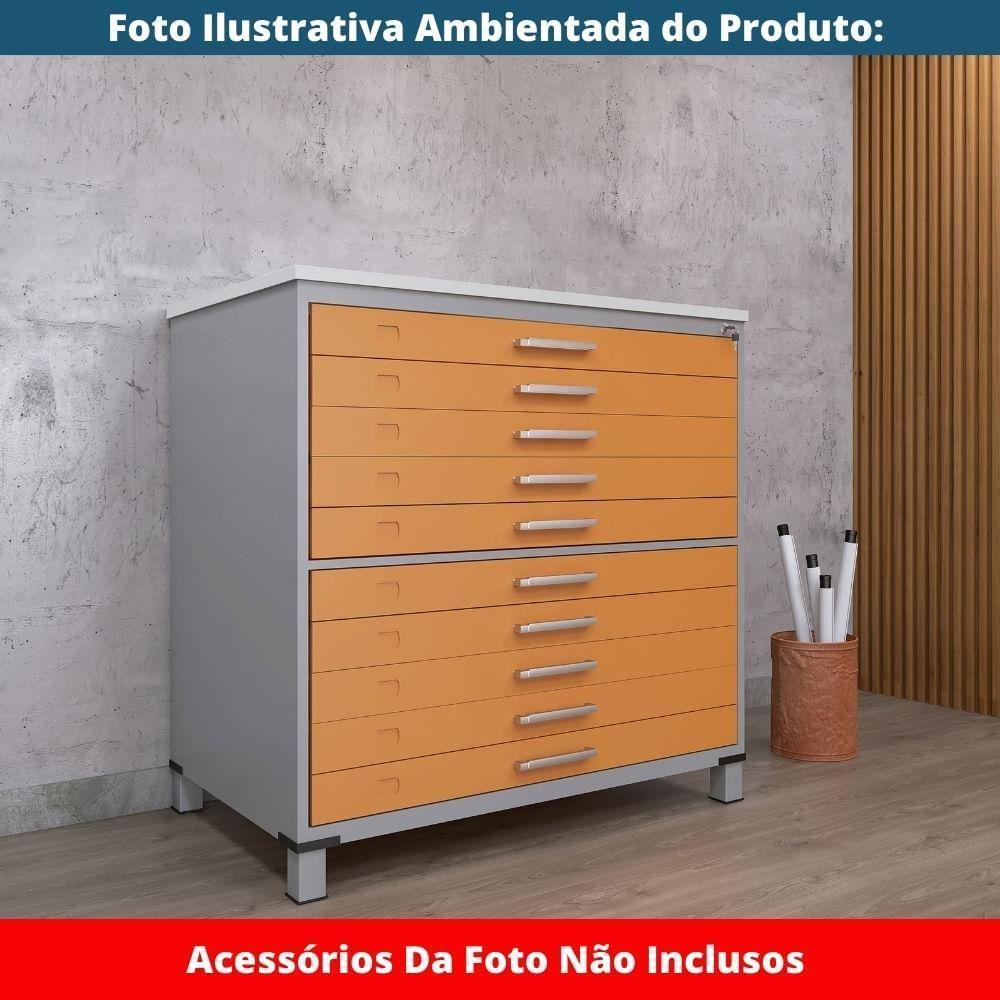 Mapoteca 10 Gavetas Pandin 120 Cm (larg) Inmetro Tampo Mdp Branco Estrutura Aço Cinza Gaveta Laranja - 6