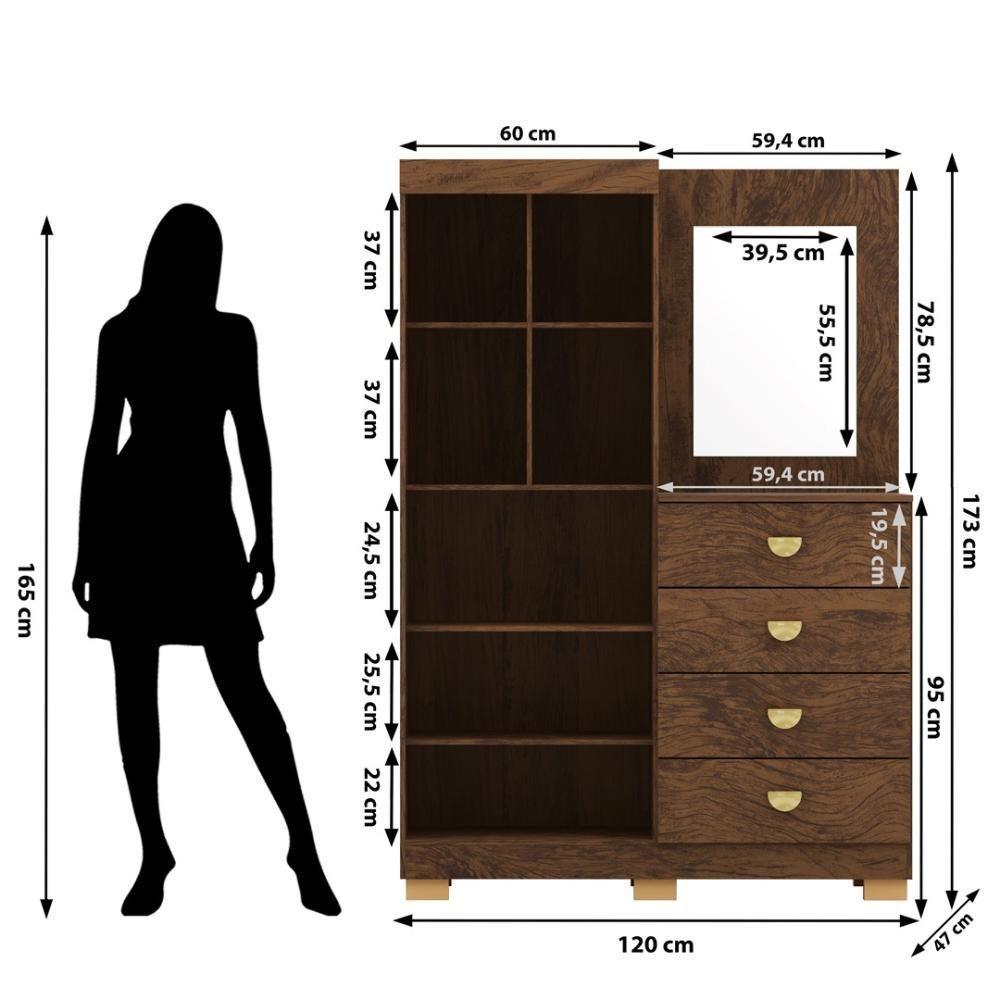 Cômoda Roupeiro Com Espelho 2 Portas 4 Gavetas Cristal - Imbuia Imbuia - 4