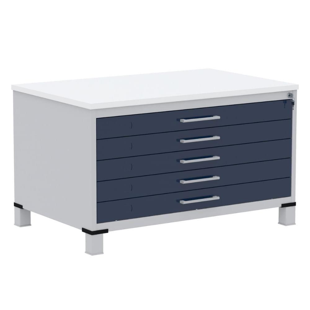 Mapoteca 5 Gavetas Pandin 120 Cm (larg) Inmetro Tampo Mdp Branco Estrutura Aço Cinza Gavetas Azul - 1
