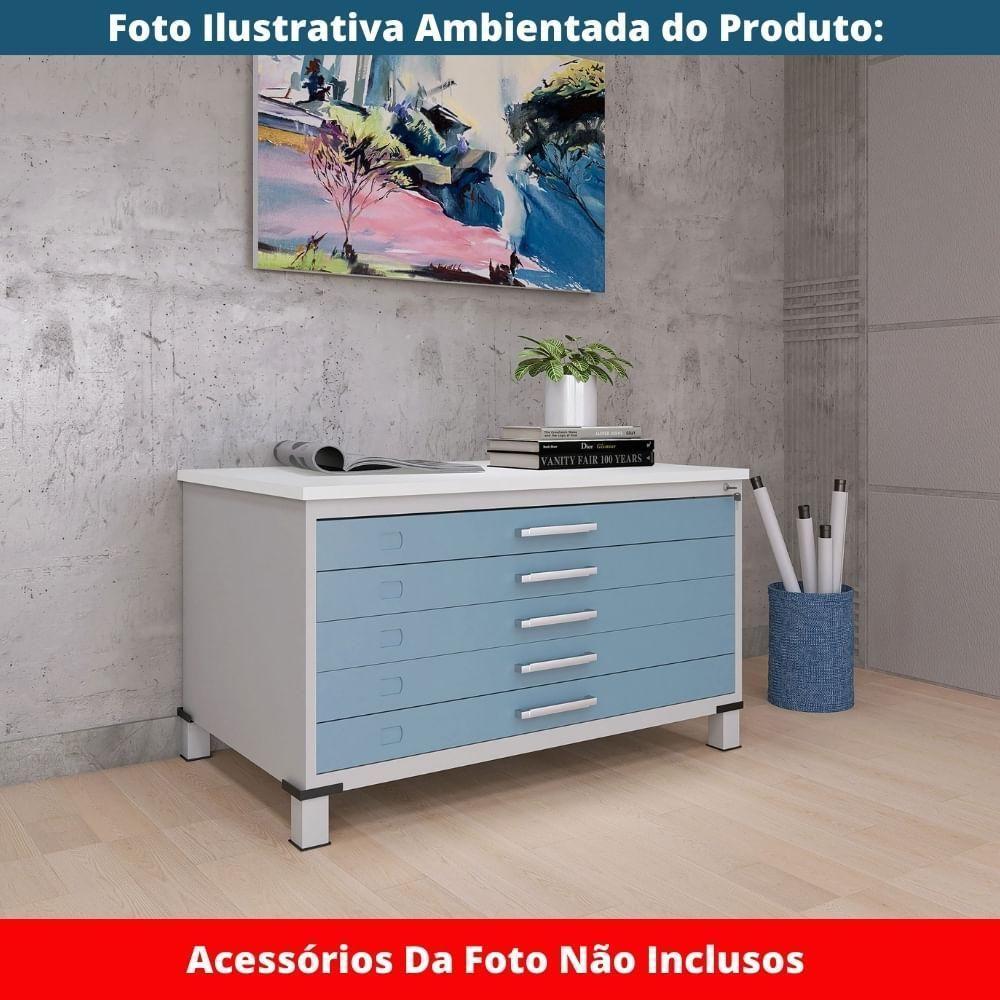 Mapoteca 5 Gavetas Pandin 120 Cm (larg) Inmetro Tampo Mdp Branco Estrutura Aço Cinza Gavetas Azul - 5