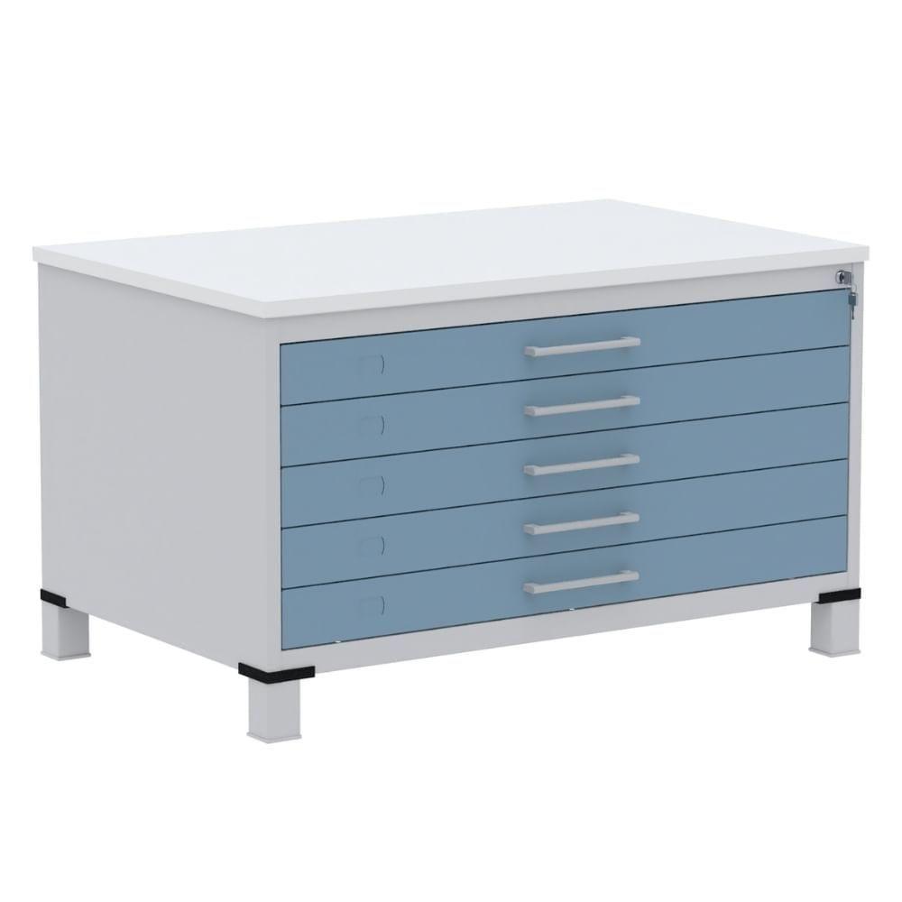 Mapoteca 5 Gavetas Pandin 120cm (larg) Tampo Mdp Branco Estrutura Aço Cinza Gaveta Azul Dali - 1
