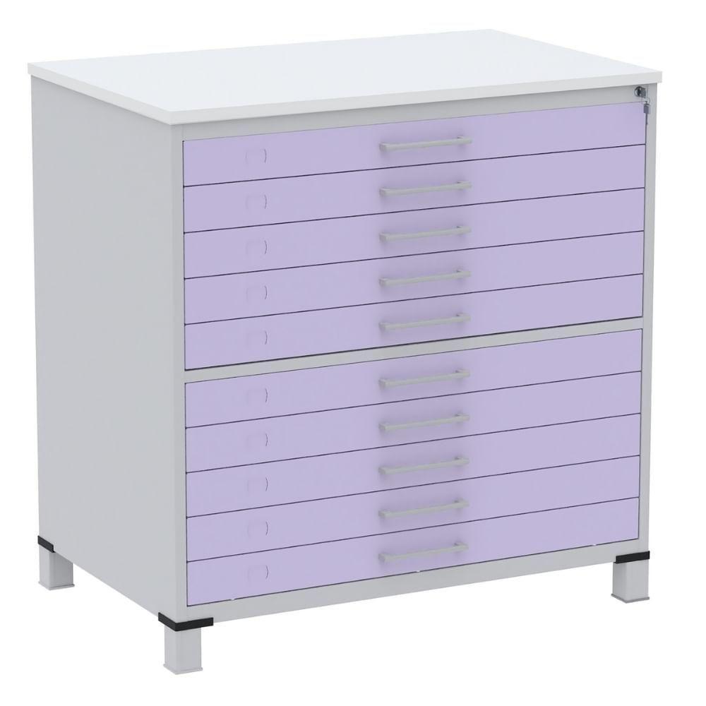 Mapoteca 10 Gavetas Pandin 120 Cm (larg) Inmetro Tampo Mdp Branco Estrutura Aço Cinza Gavetas Lilás - 1