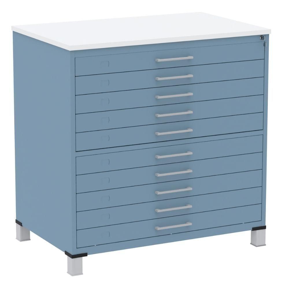 Mapoteca 10 Gavetas Pandin 120cm (larg) Inmetro Tampo Mdp Branco Estrutura E Gaveta Em Aço Azul Dali - 1