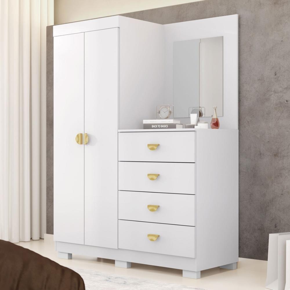 Cômoda Roupeiro Com Espelho 2 Portas 4 Gavetas Cristal - Branco-camarim Branco-camarim - 1