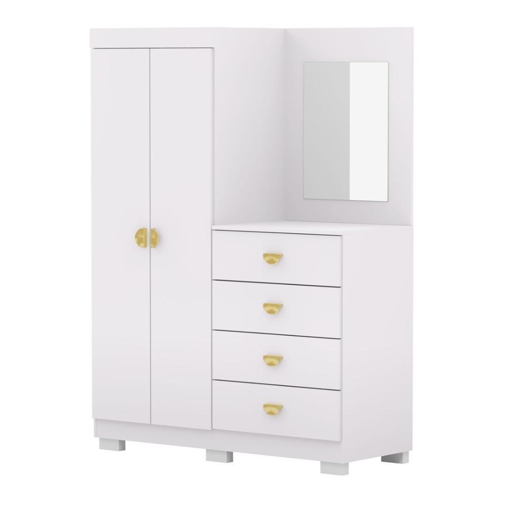 Cômoda Roupeiro Com Espelho 2 Portas 4 Gavetas Cristal - Branco-camarim Branco-camarim - 10