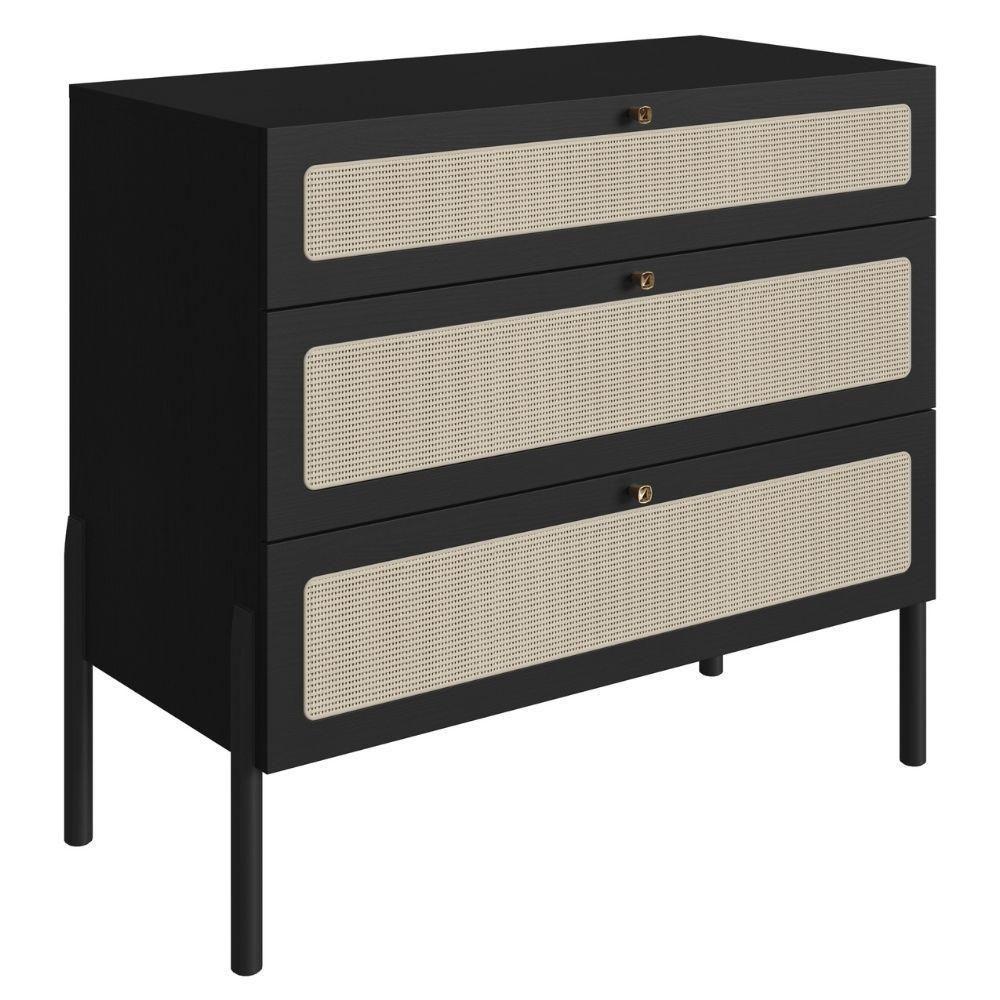 Cômoda 3 Gavetas Oslo Artesano 93 Cm (largura) Em Mdp Nero Palha Sintética Bege Pé Madeira Maciça - 1