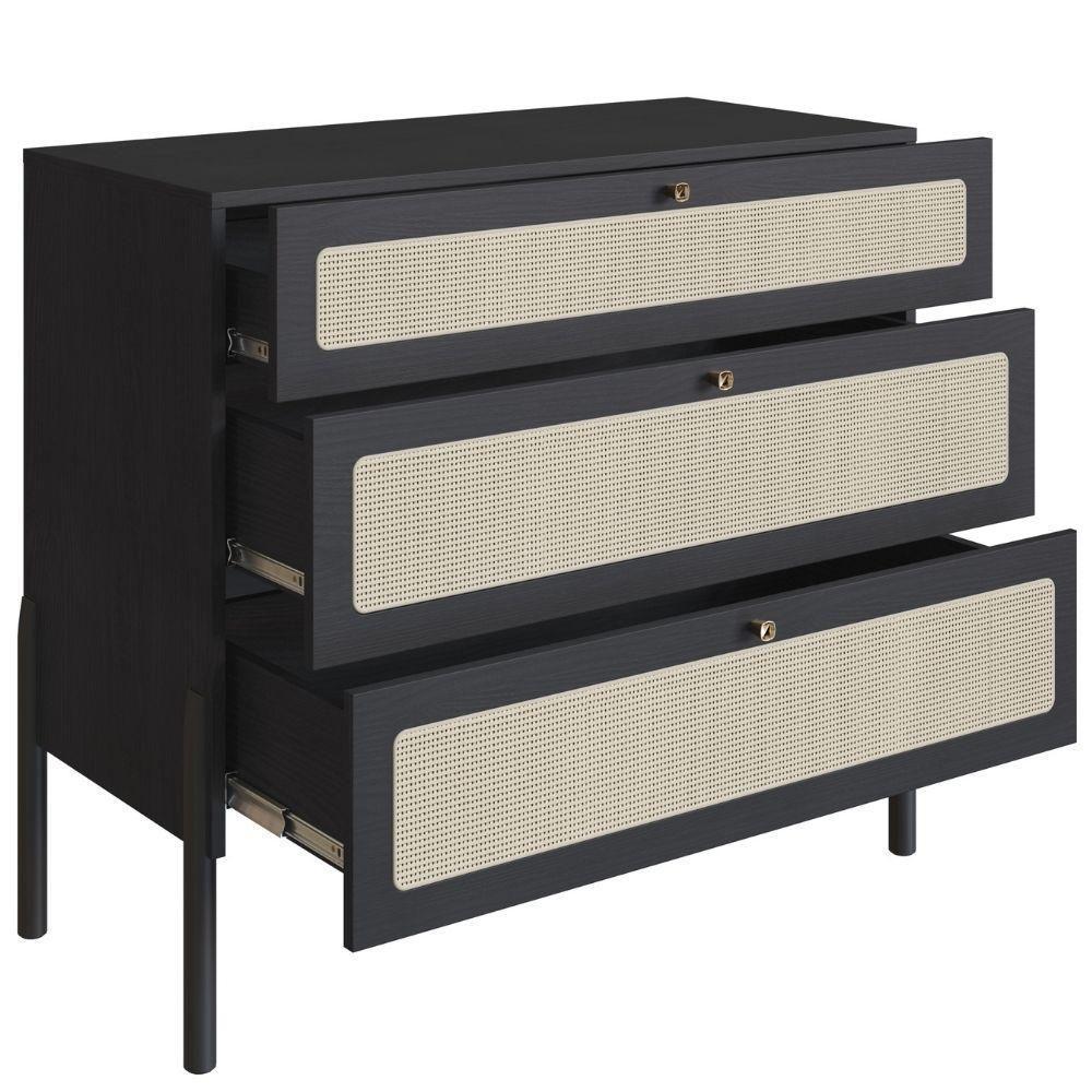 Cômoda 3 Gavetas Oslo Artesano 93 Cm (largura) Em Mdp Nero Palha Sintética Bege Pé Madeira Maciça - 2