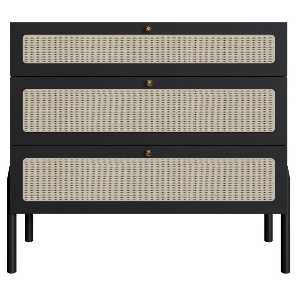 Cômoda 3 Gavetas Oslo Artesano 93 Cm (largura) Em Mdp Nero Palha Sintética Bege Pé Madeira Maciça - 3