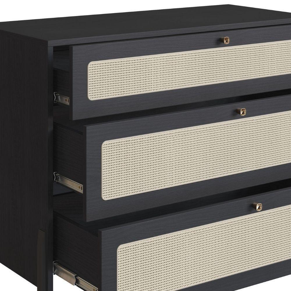 Cômoda 3 Gavetas Oslo Artesano 93 Cm (largura) Em Mdp Nero Palha Sintética Bege Pé Madeira Maciça - 4