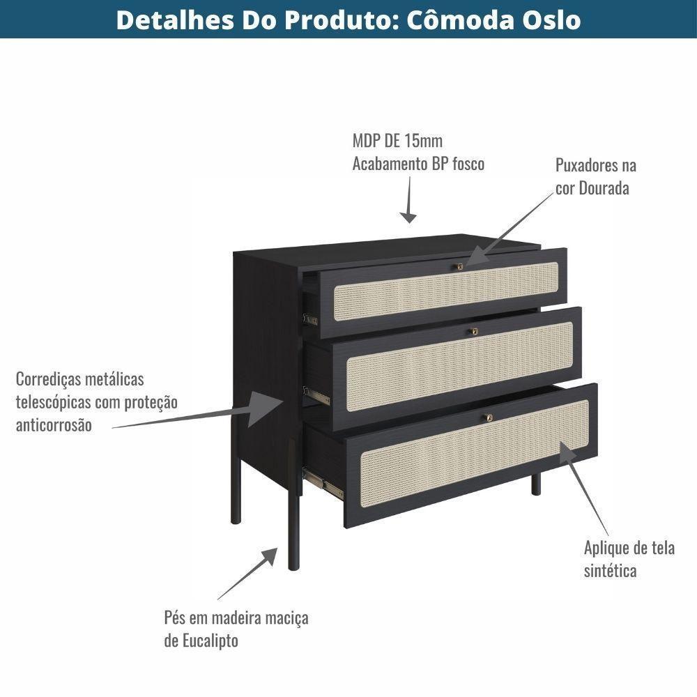 Cômoda 3 Gavetas Oslo Artesano 93 Cm (largura) Em Mdp Nero Palha Sintética Bege Pé Madeira Maciça - 5