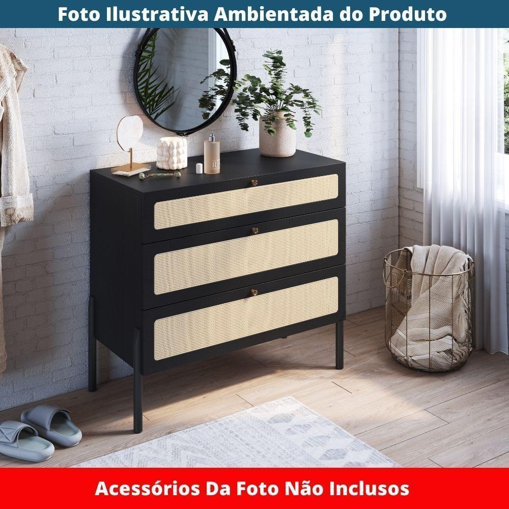 Cômoda 3 Gavetas Oslo Artesano 93 Cm (largura) Em Mdp Nero Palha Sintética Bege Pé Madeira Maciça - 6