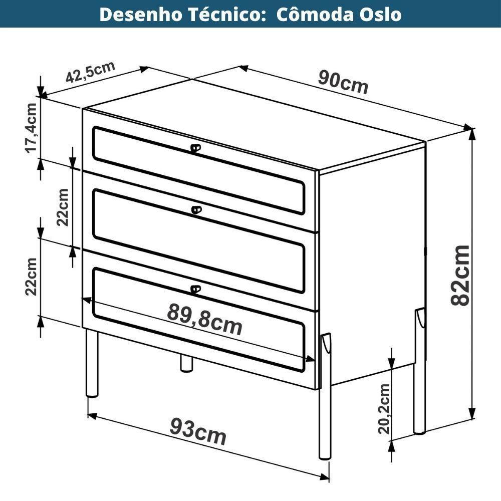 Cômoda 3 Gavetas Oslo Artesano 93 Cm (largura) Em Mdp Nero Palha Sintética Bege Pé Madeira Maciça - 7