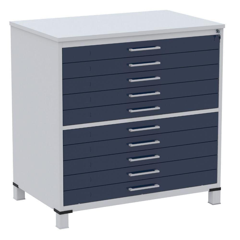 Mapoteca 10 Gavetas Pandin 120 Cm (larg) Inmetro Tampo Mdp Cinza Estrutura Aço Cinza Gavetas Azul - 1