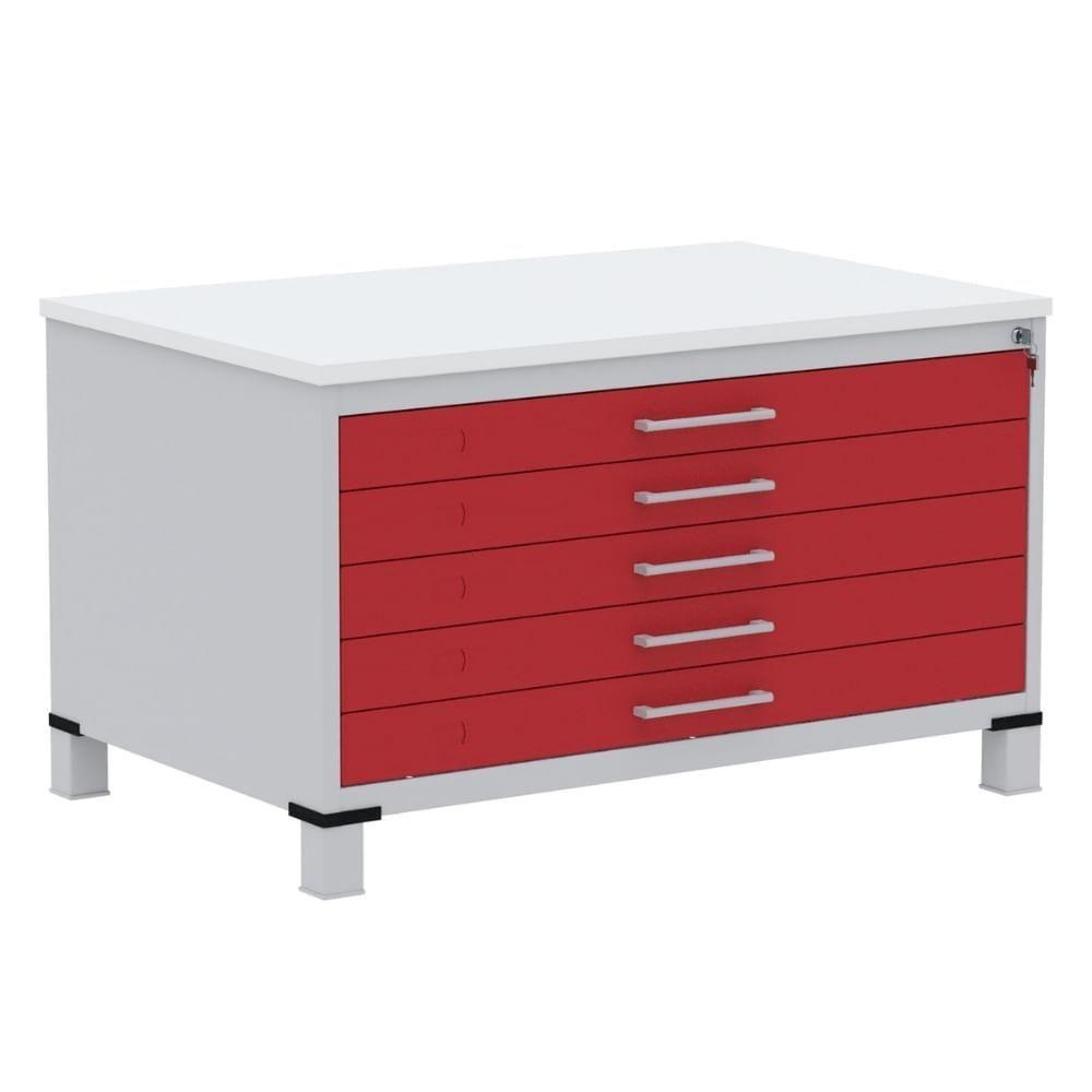 Mapoteca 5 Gavetas Pandin 120cm (larg) Inmetro Tampo Mdp Branco Estrutura Aço Cinza Gaveta Vermelha - 1
