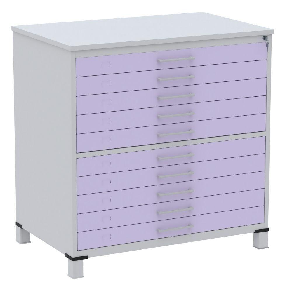 Mapoteca 10 Gavetas Pandin 120 Cm (larg) Inmetro Tampo Mdp Cinza Estrutura Aço Cinza Gavetas Lilás - 1