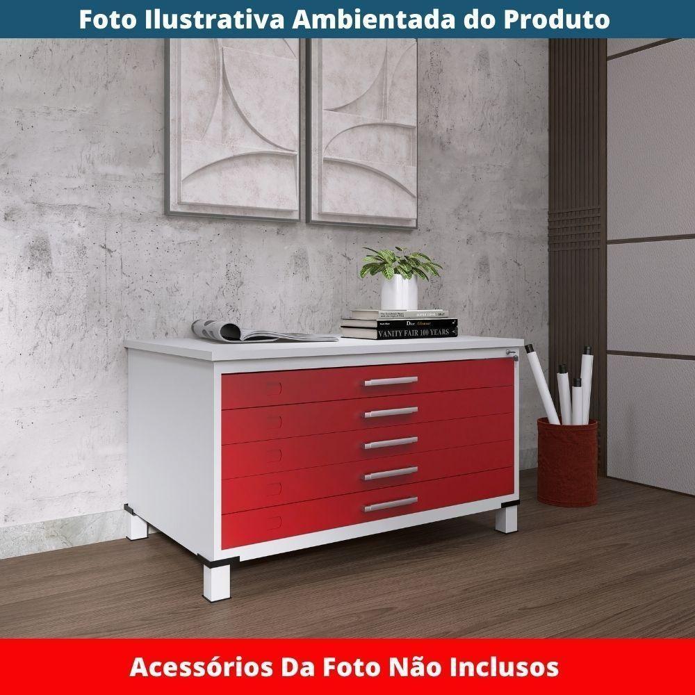Mapoteca 5 Gavetas Pandin 120 Cm (larg) Inmetro Tampo Mdp Cinza Estrutura Aço Cinza Gaveta Vermelha - 5