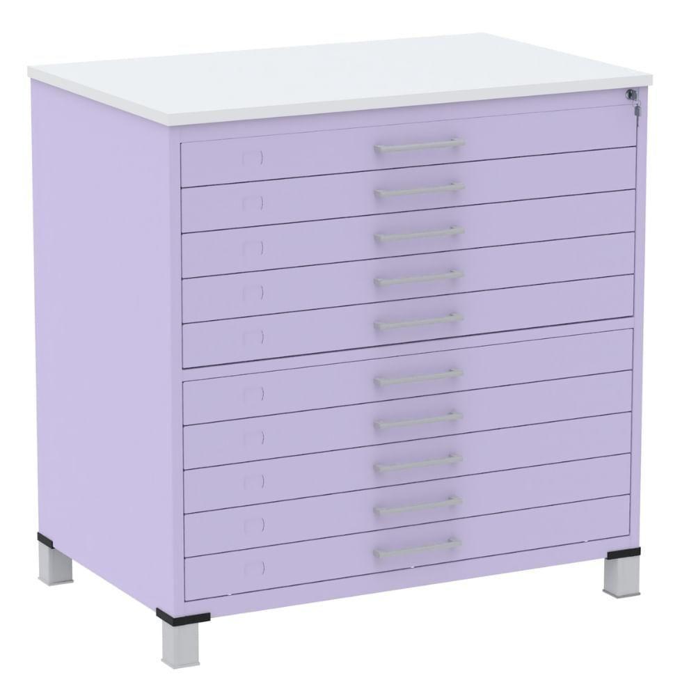 Mapoteca 10 Gavetas Pandin 120 Cm (larg) Inmetro Tampo Mdp Branco Estrutura E Gavetas Em Aço Lilás - 1