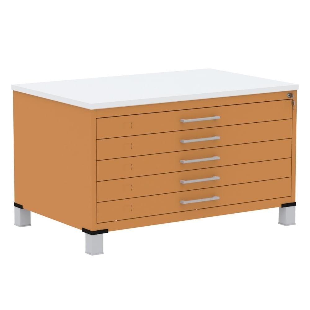 Mapoteca 5 Gavetas Pandin 120 Cm (larg) Inmetro Tampo Mdp Branco Estrutura E Gavetas Em Aço Laranja - 1