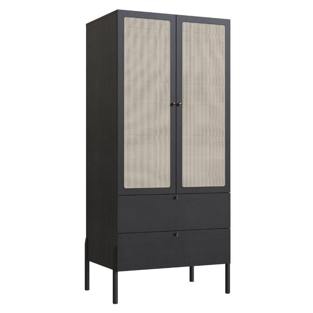 Guarda Roupa 2 Portas Oslo Artesano 80 Cm (larg) Mdp Nero Palha Sintética Bege Pé Madeira Maciça - 1