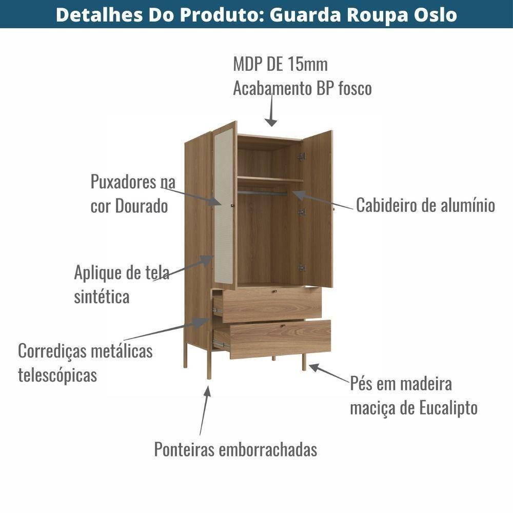 Guarda Roupa 2 Portas Oslo Artesano 80 Cm (larg) Mdp Hanover Palha Sintética Bege Pé Madeira Maciça - 4