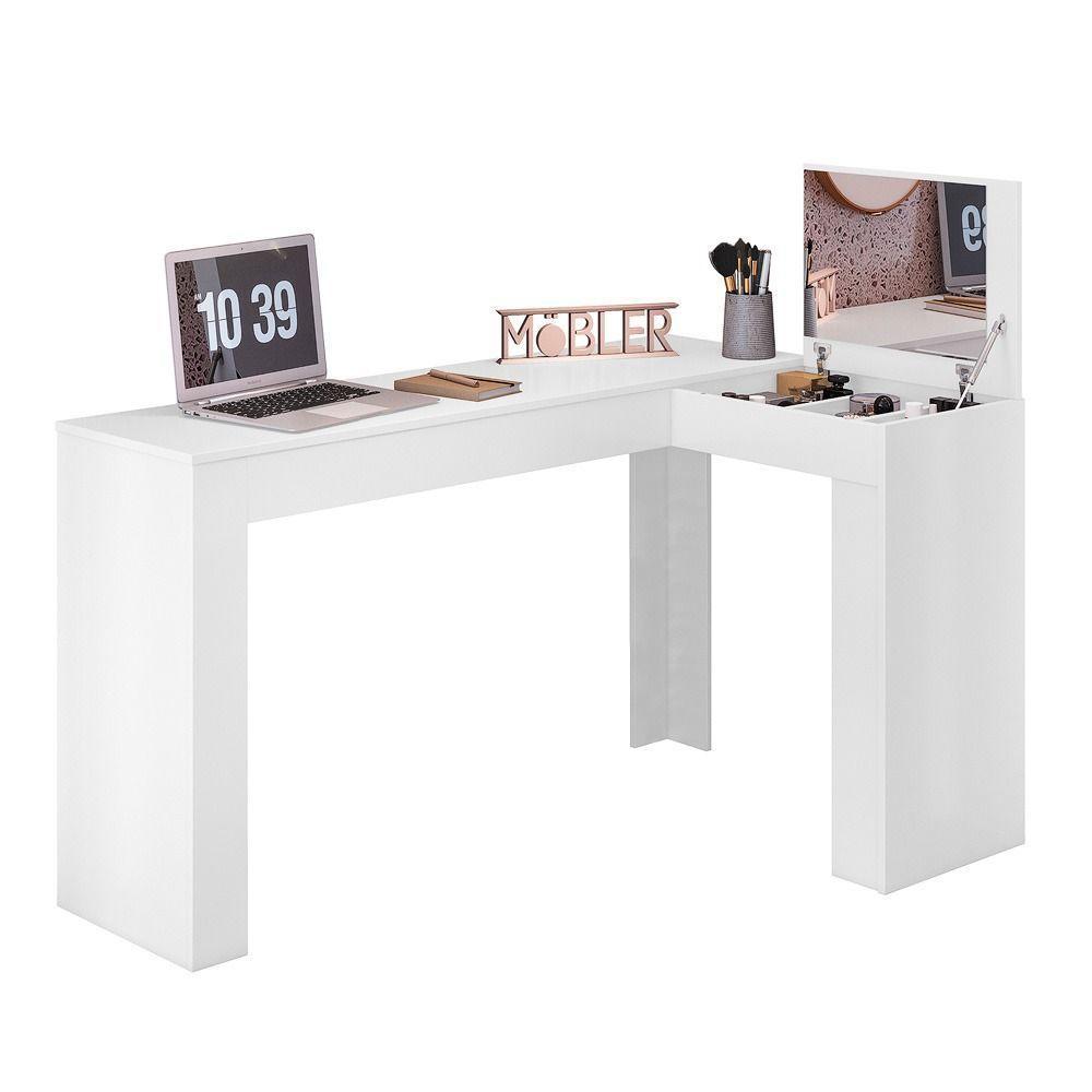 Escrivaninha Penteadeira Camarim De Canto Com Espelho Jade Branco Fosco Liso - Mabe Magazine - 3