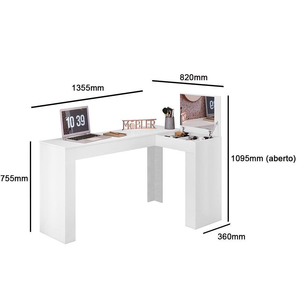 Escrivaninha Penteadeira Camarim De Canto Com Espelho Jade Branco Fosco Liso - Mabe Magazine - 4