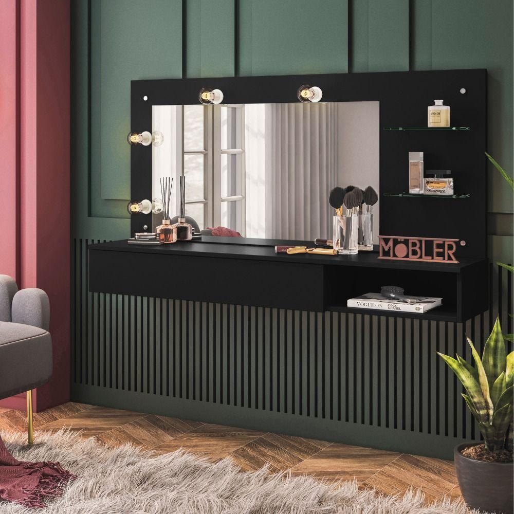 Camarim Penteadeira Lumiere Mesa Suspensa Com Espelho E Gaveta Organizadora Preto Fosco - Mabe Magazine - 1